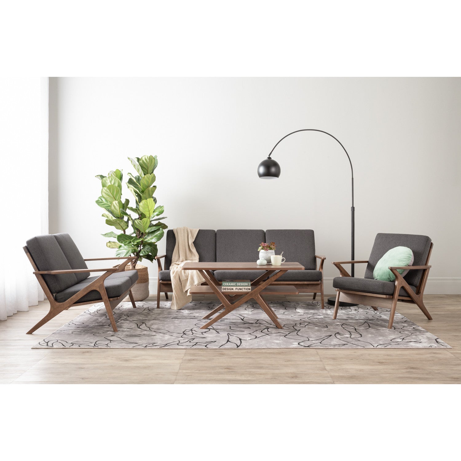 Aston 2 seater sofa in Cocoa colour frame, Walnut veneer handle with Seal colour Dimity fabric cushion