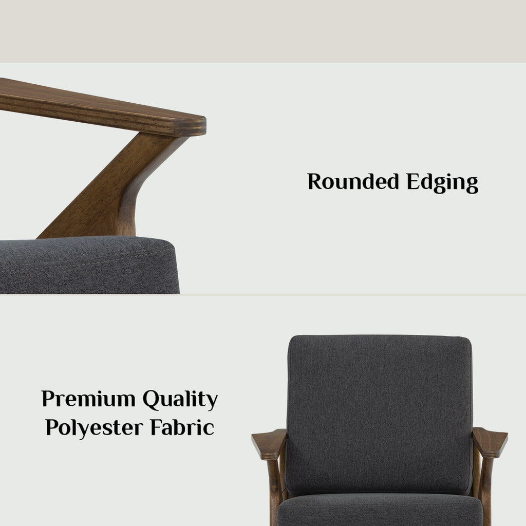 Aston 2 seater sofa in Cocoa colour frame, Walnut veneer handle with Seal colour Dimity fabric cushion