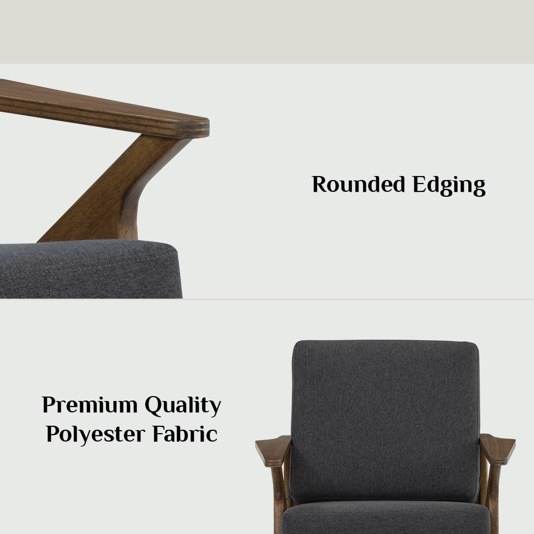 Aston 2 seater sofa in Cocoa colour frame, Walnut veneer handle with Seal colour Dimity fabric cushion