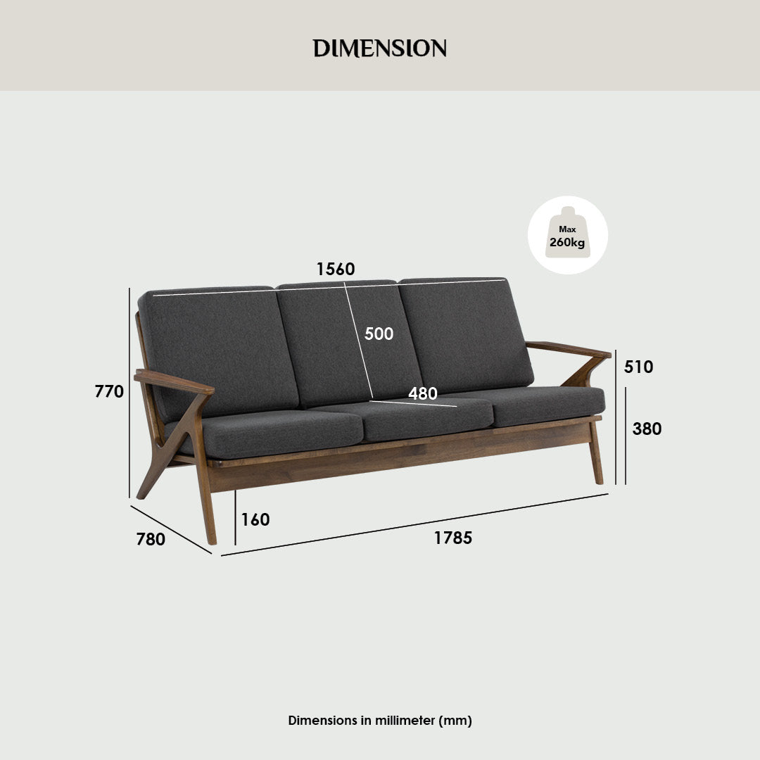 Aston 3 seater sofa in Cocoa colour frame, Walnut veneer handle with Seal colour Dimity fabric cushion.