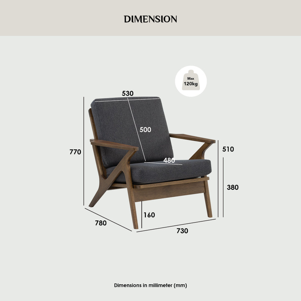 Aston 1 seater sofa in Cocoa colour frame, Walnut veneer handle with Pearl White colour Furry fabric cushion.