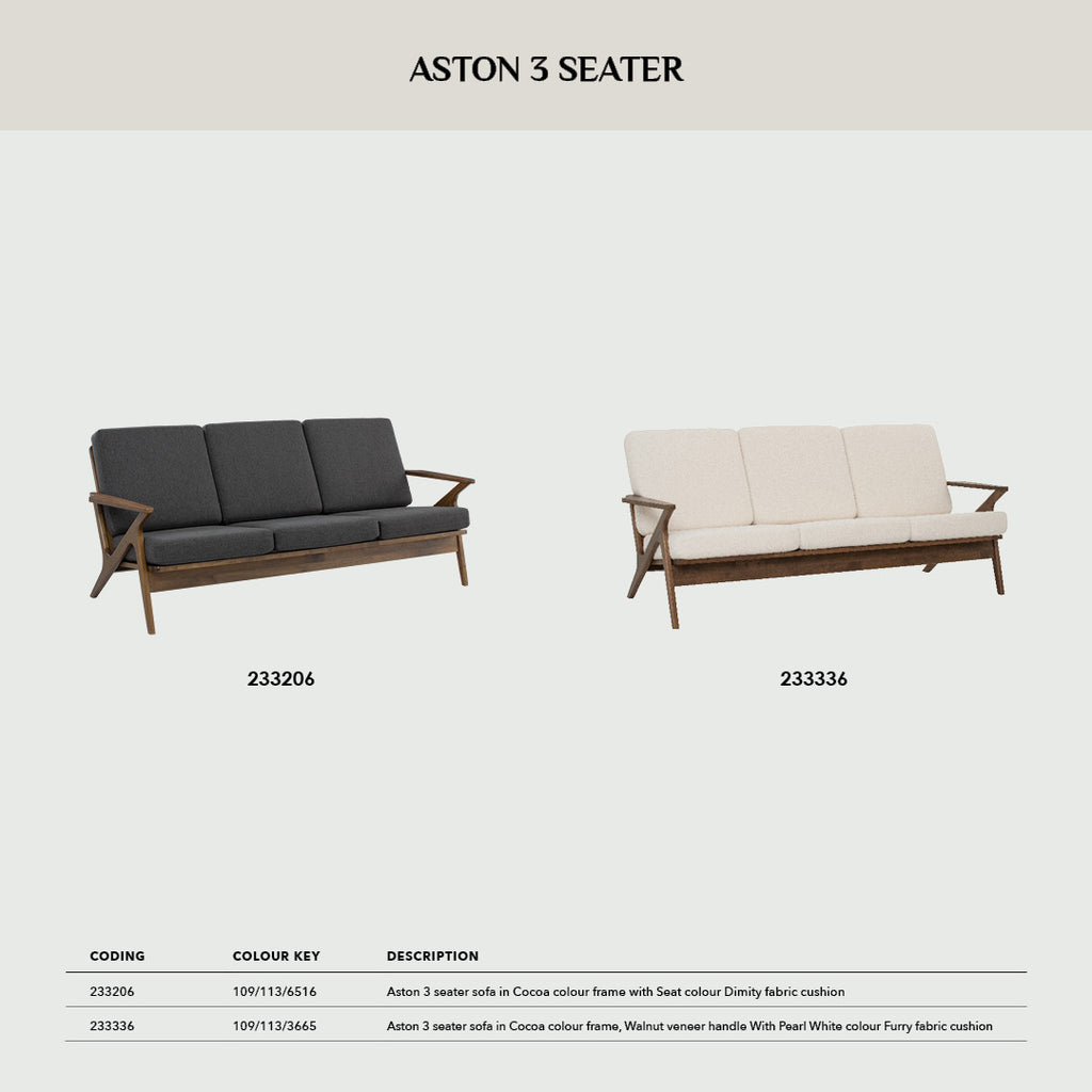 Aston 3 seater sofa in Cocoa colour frame, Walnut veneer handle with Pearl White colour Furry fabric cushion.