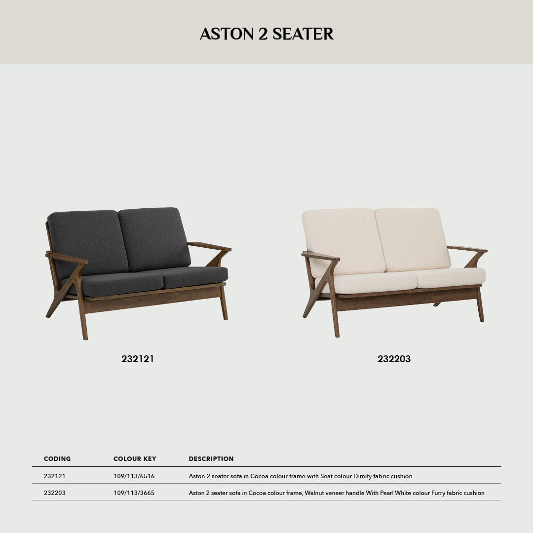 Aston 2 seater sofa in Cocoa colour frame, Walnut veneer handle with Pearl White colour Furry fabric cushion.