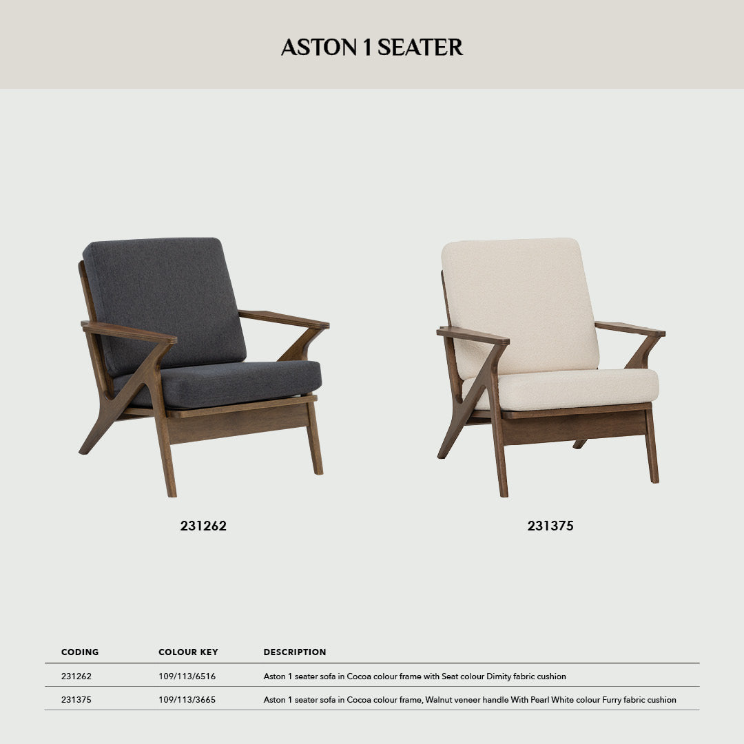 Aston 1 seater sofa in Cocoa colour frame, Walnut veneer handle with Pearl White colour Furry fabric cushion.