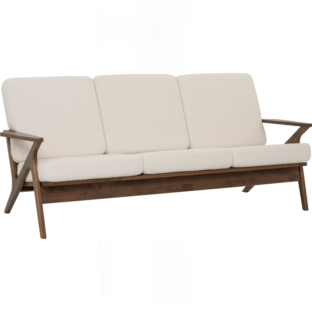 Aston 3 seater sofa in Cocoa colour frame, Walnut veneer handle with Pearl White colour Furry fabric cushion.