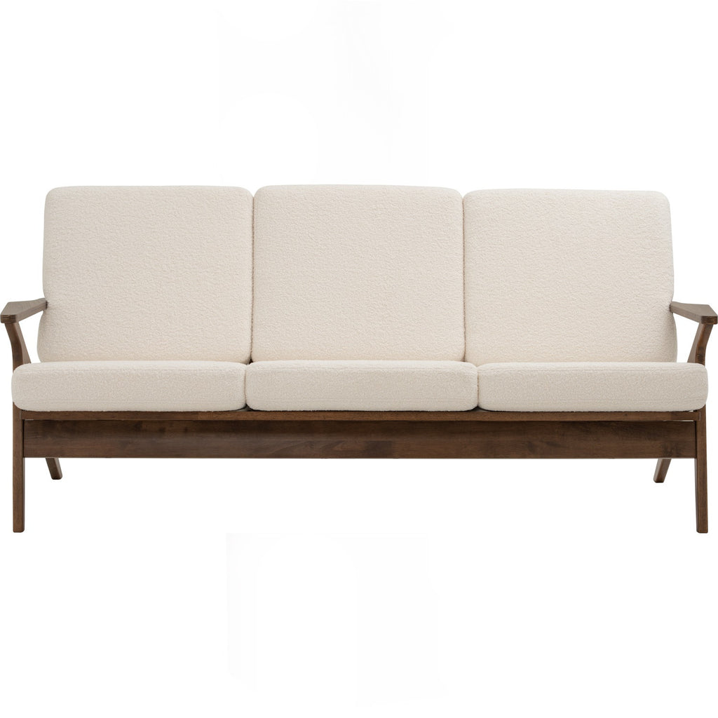 Aston 3 seater sofa in Cocoa colour frame, Walnut veneer handle with Pearl White colour Furry fabric cushion.