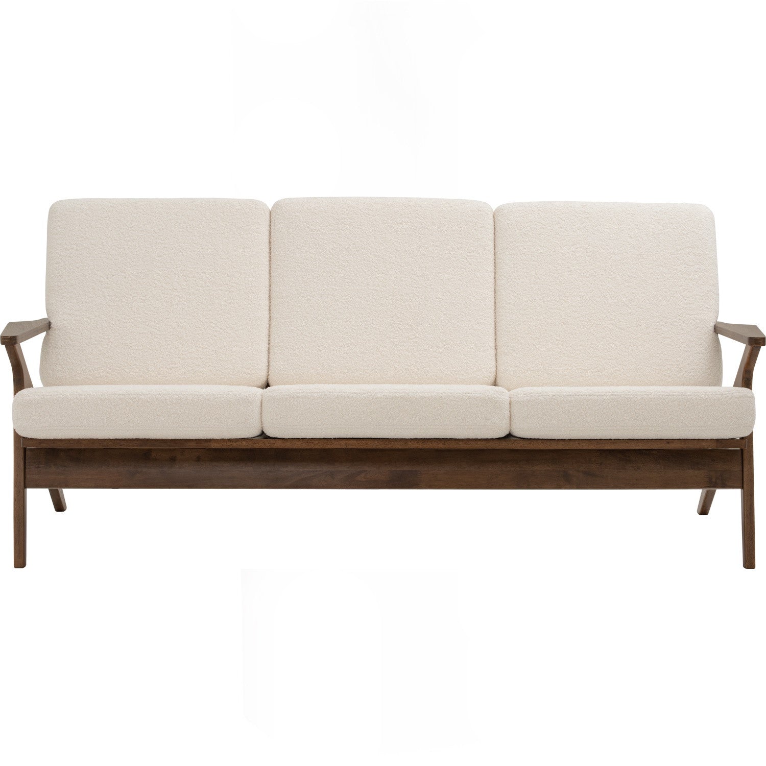 Aston 3 seater sofa in Cocoa colour frame, Walnut veneer handle with Pearl White colour Furry fabric cushion.