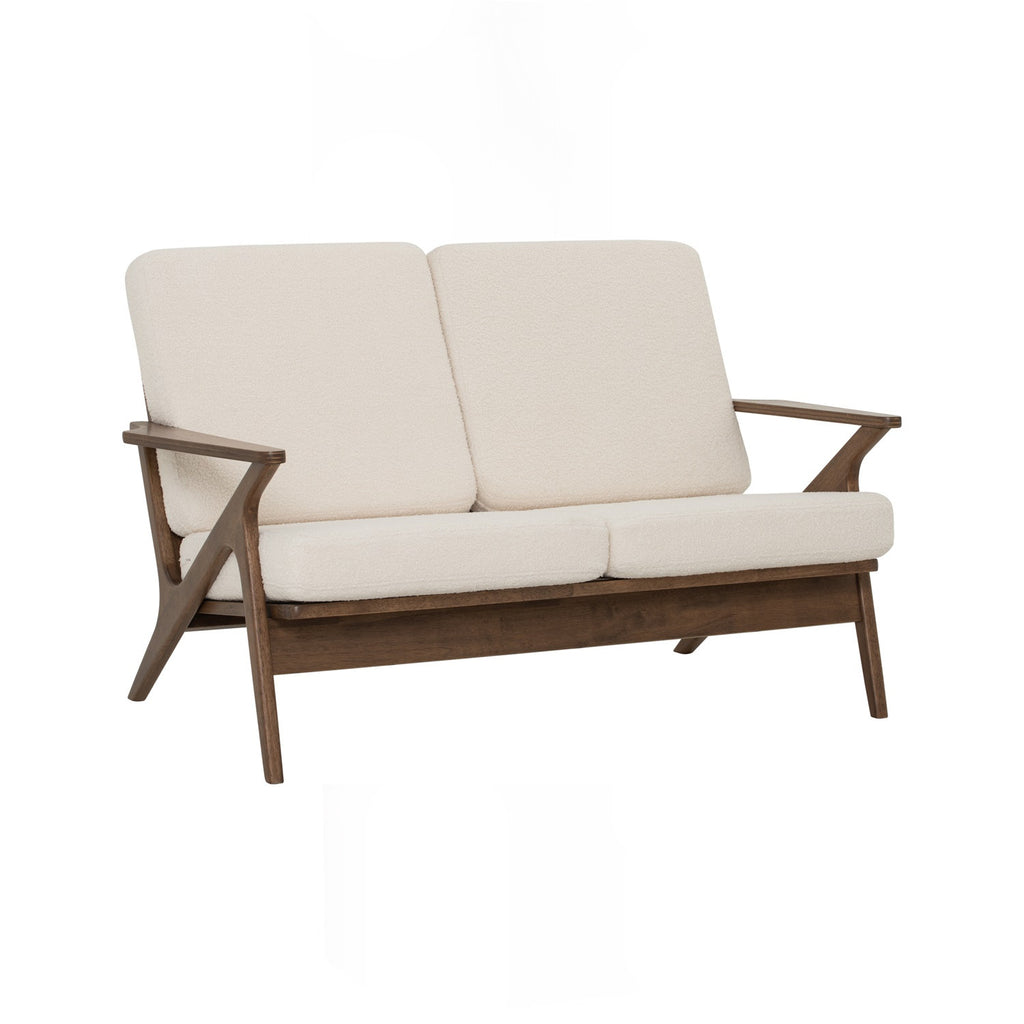 Aston 2 seater sofa in Cocoa colour frame, Walnut veneer handle with Pearl White colour Furry fabric cushion.