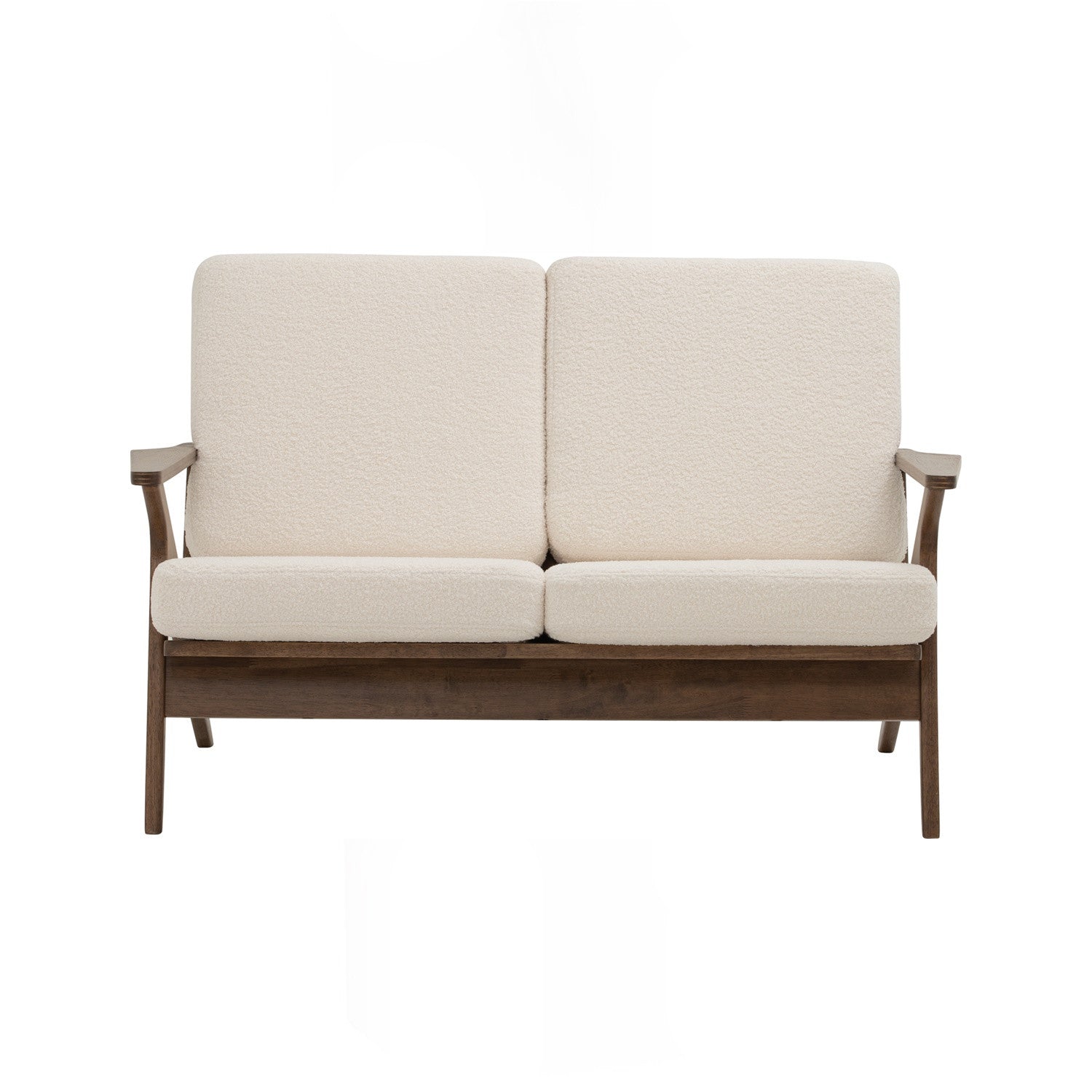 Aston 2 seater sofa in Cocoa colour frame, Walnut veneer handle with Pearl White colour Furry fabric cushion.