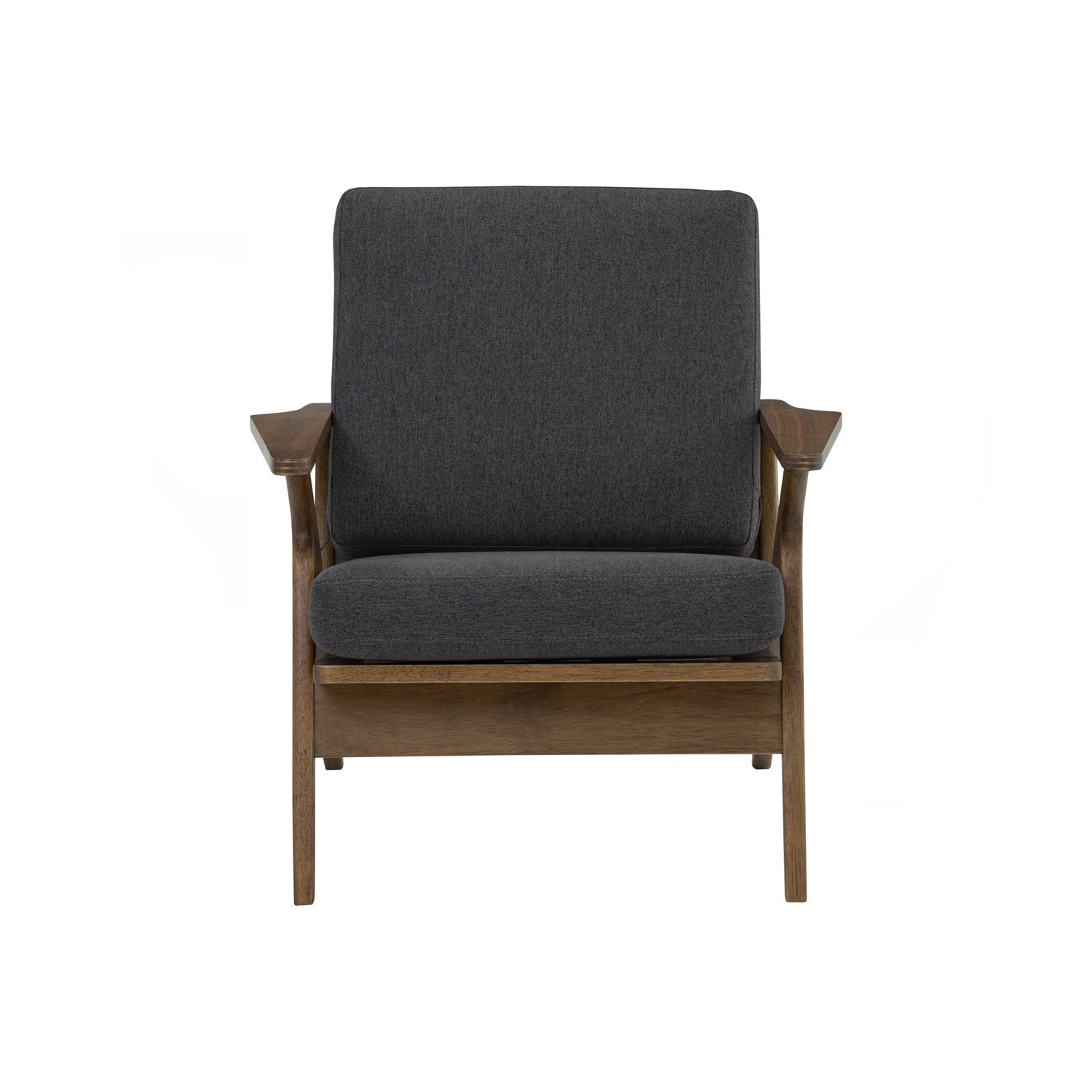 Aston 1 seater sofa in Cocoa colour frame, Walnut veneer handle with Seal colour Dimity fabric cushion.