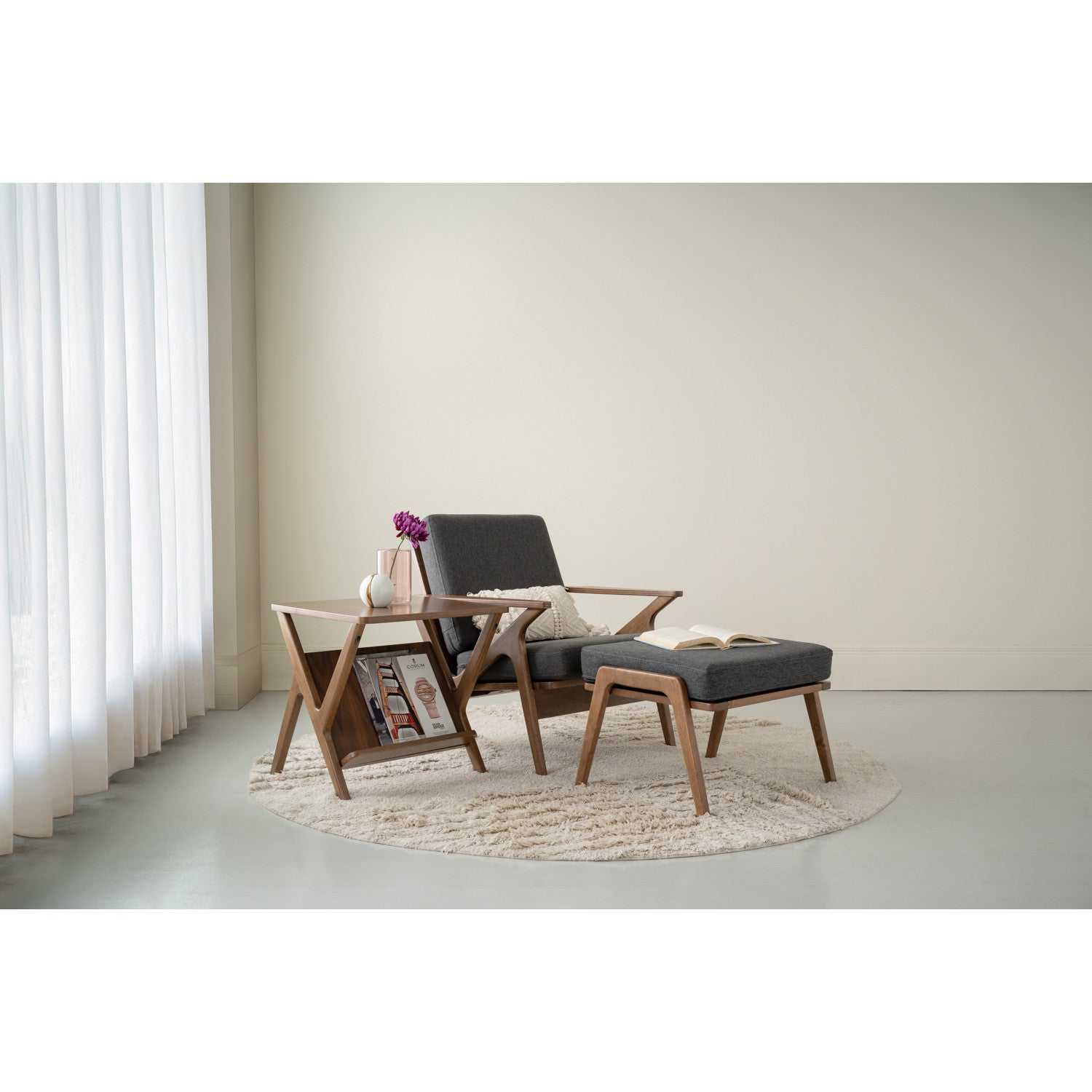 Aston stool in Cocoa colour frame, Seal colour Dimity fabric cushion