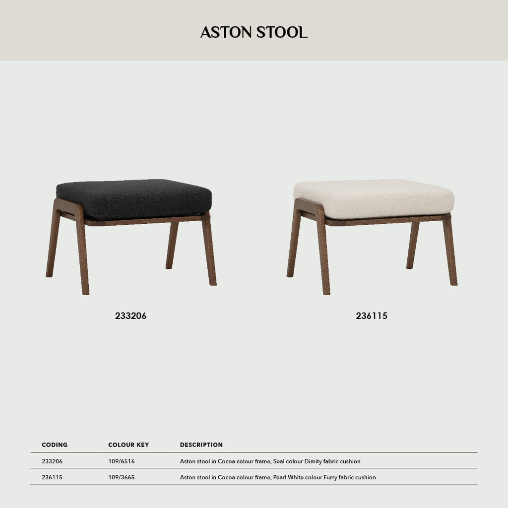 Aston stool in Cocoa colour frame, Seal colour Dimity fabric cushion