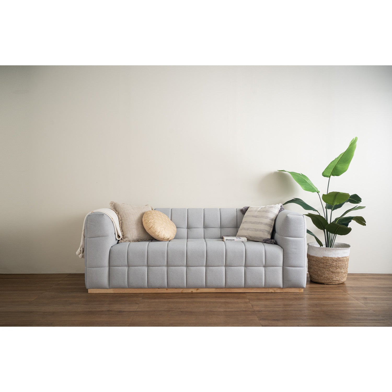 Monroe 3 seater sofa in Natural colour leg, Warm Grey colour Mahair fabric (Pet friendly fabric)