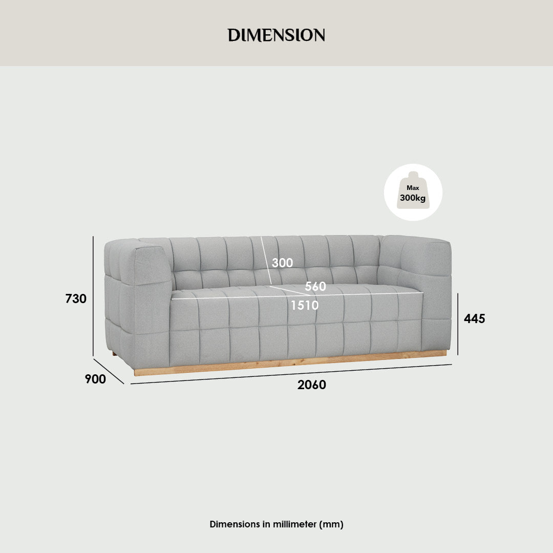 Monroe 3 seater sofa in Natural colour leg, Warm Grey colour Mahair fabric (Pet friendly fabric)