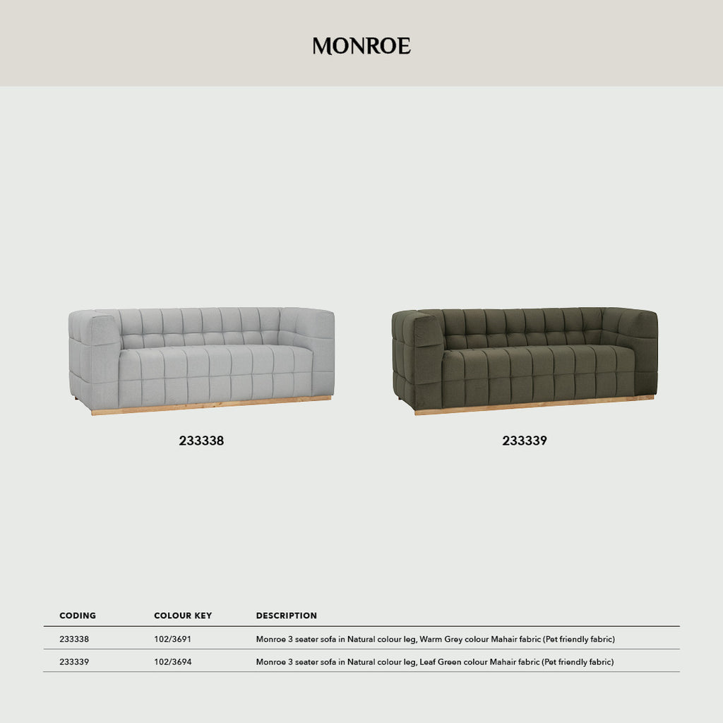 Monroe 3 seater sofa in Natural colour leg, Warm Grey colour Mahair fabric (Pet friendly fabric)