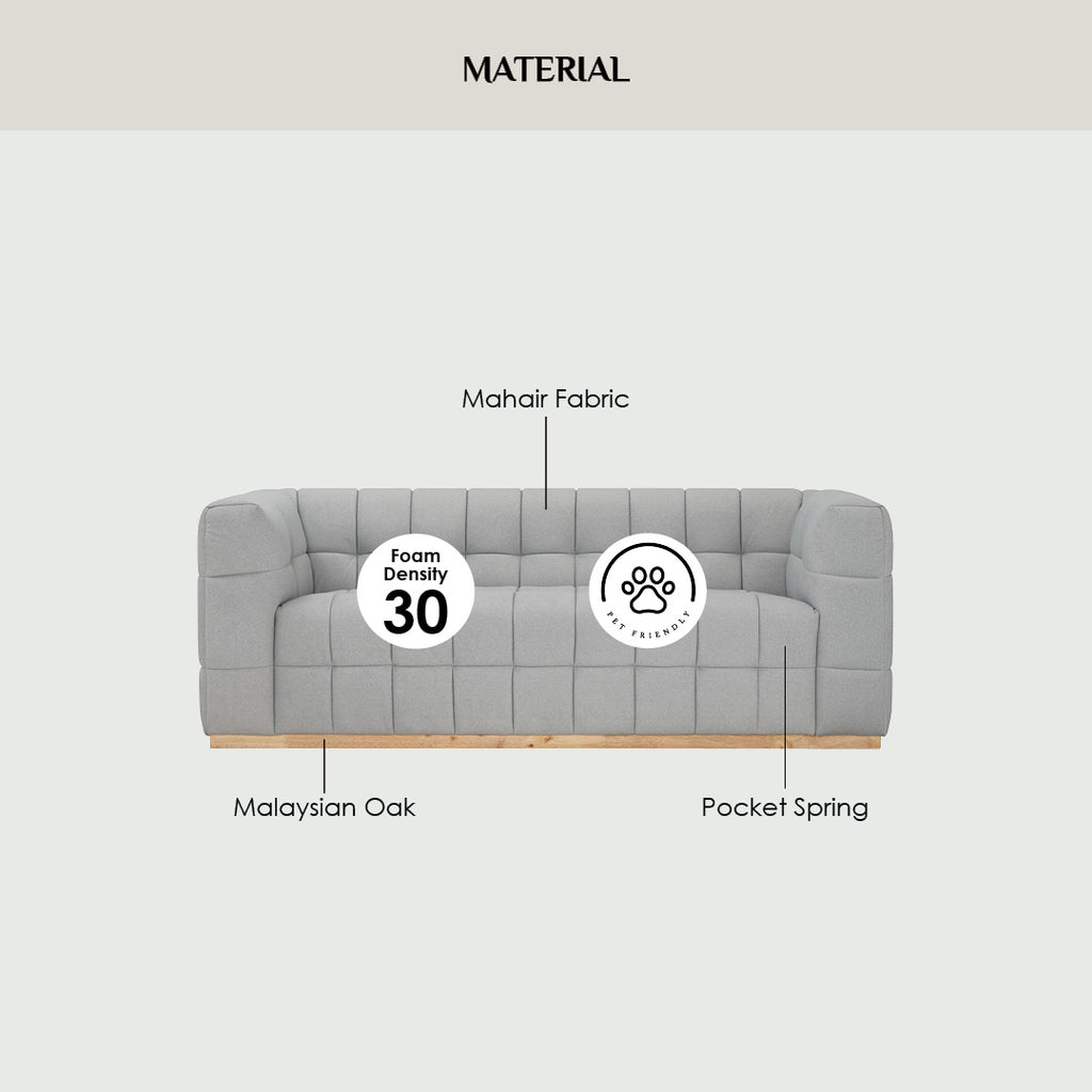 Monroe 3 seater sofa in Natural colour leg, Warm Grey colour Mahair fabric (Pet friendly fabric)