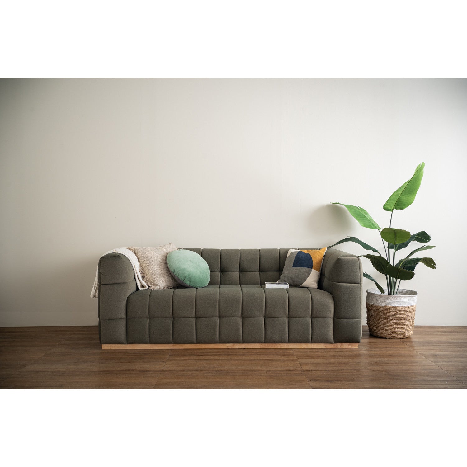 Monroe 3 seater sofa in Natural colour leg, Leaf Green colour Mahair fabric (Pet friendly fabric).