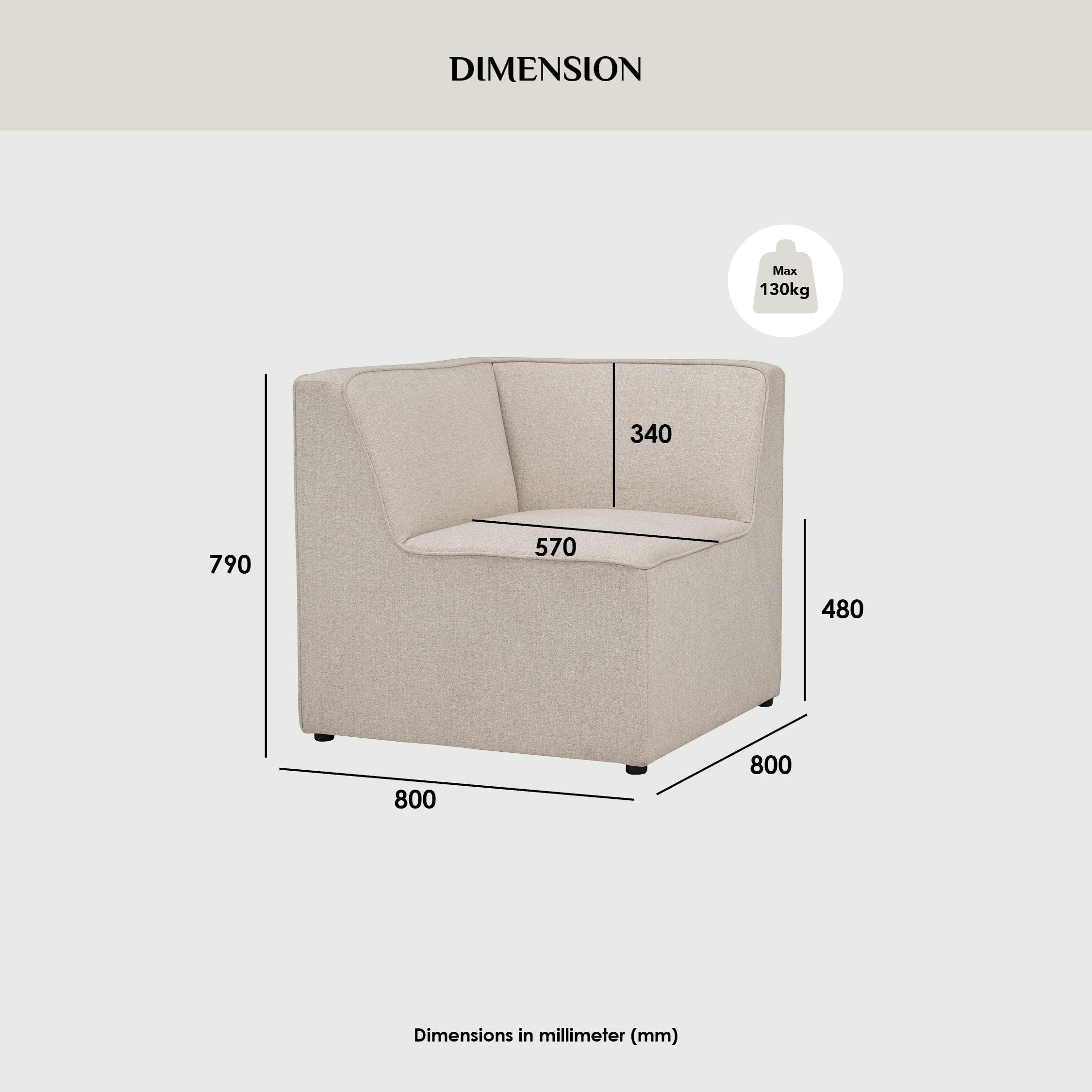 Traverese corner unit in Black colour leg, White colour Chenille fabric