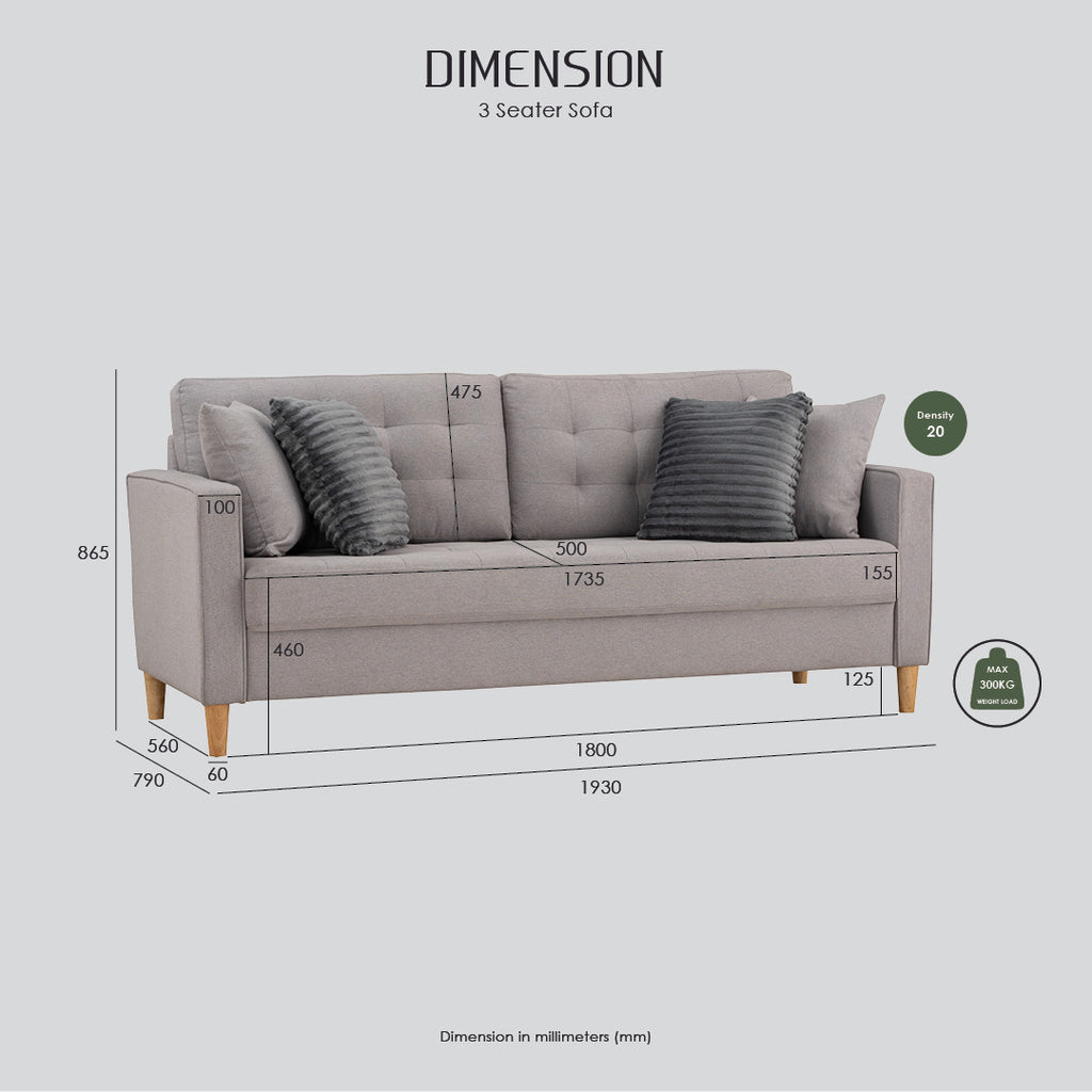 Slavia 3 seater sofa with Natural colour leg, Light Blue colour Meadow fabric.
