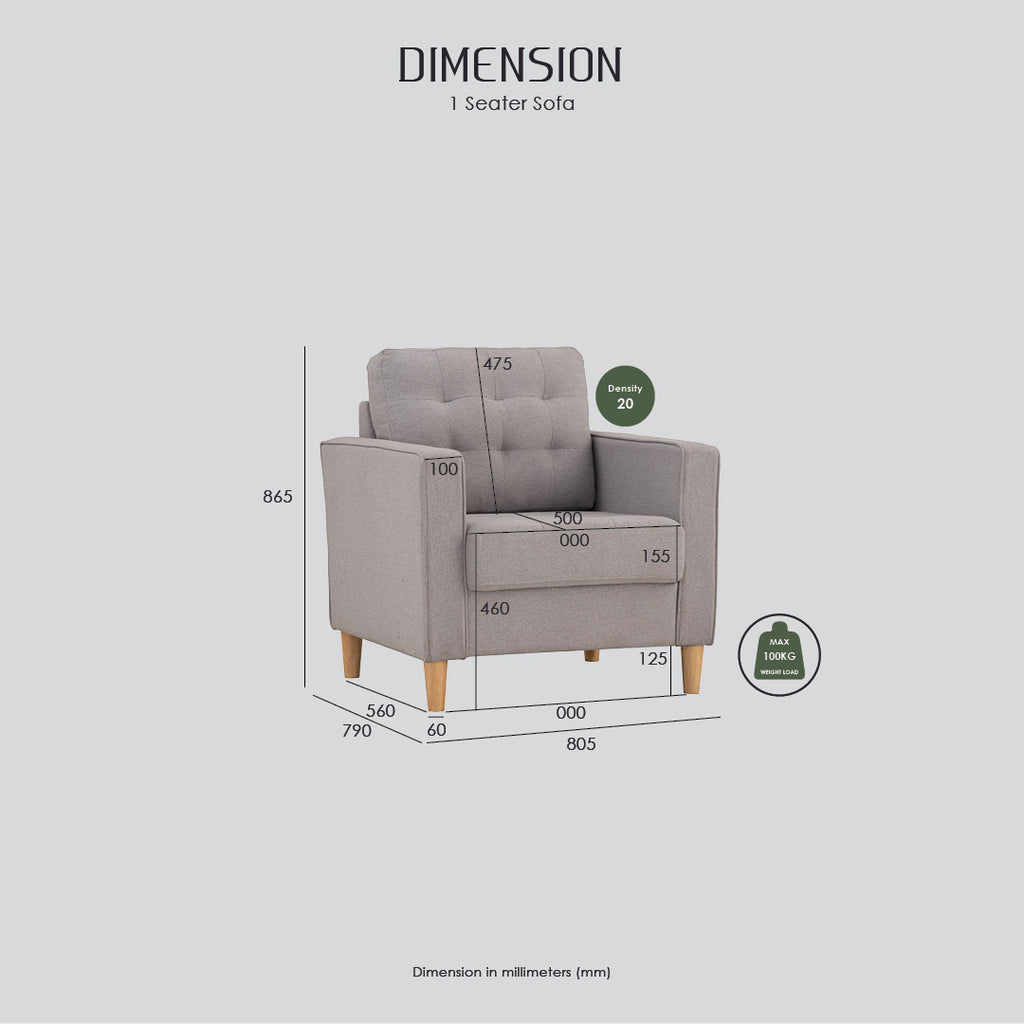 Slavia 1 seater sofa with Natural colour leg, Light Grey colour Meadow fabric.