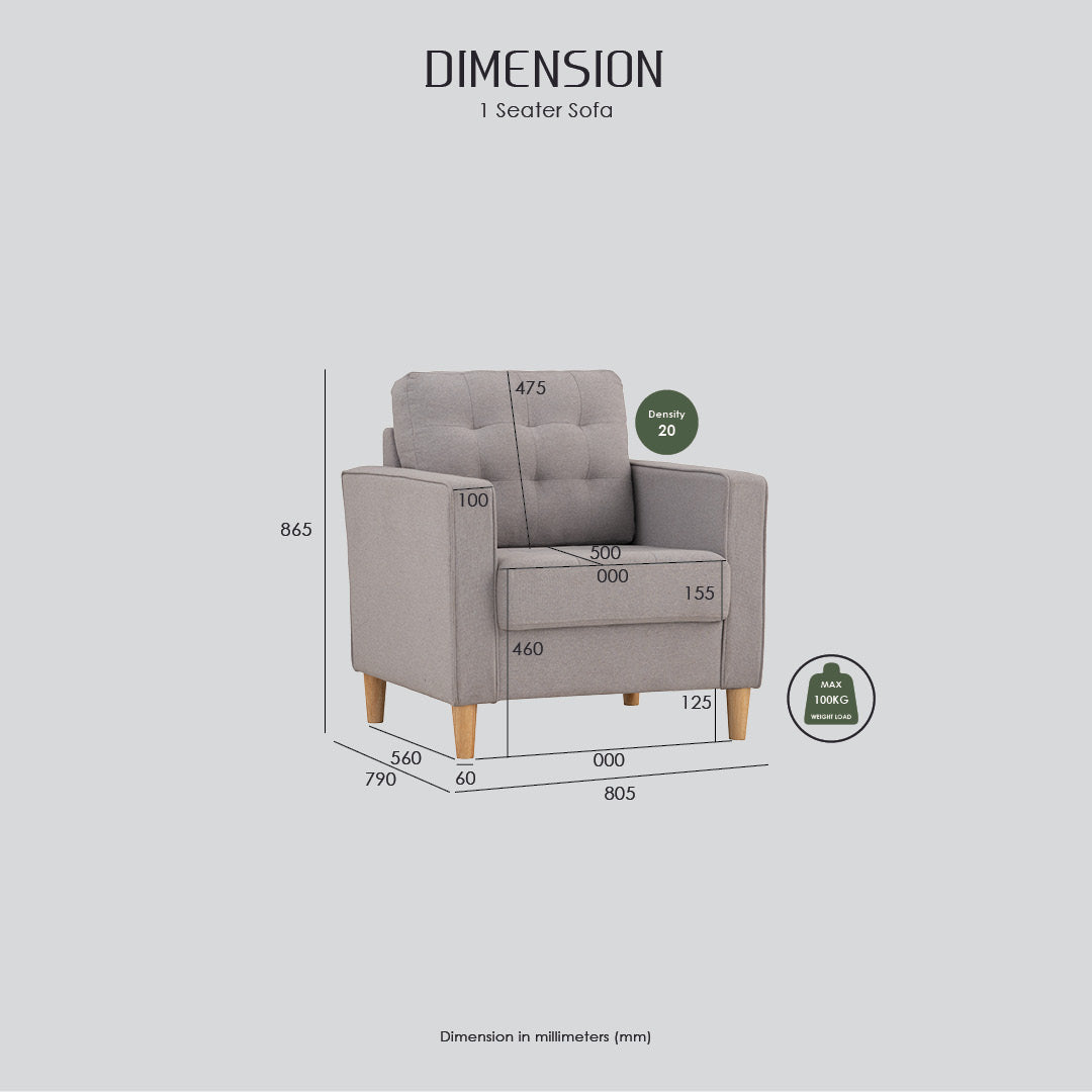 Slavia 1 seater sofa with Natural colour leg, Light Grey colour Meadow fabric.