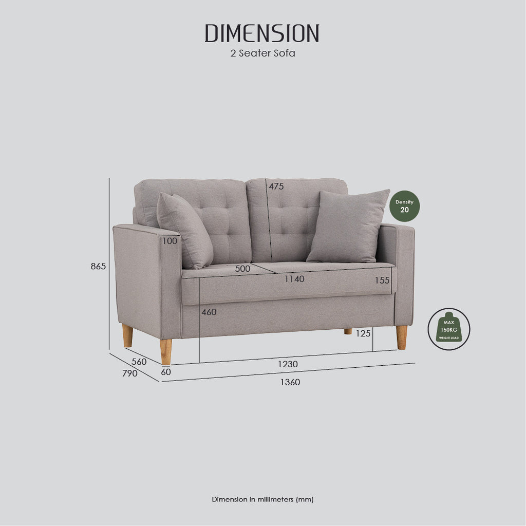 Slavia 2 seater sofa with Natural colour leg, Light Grey colour Meadow fabric.