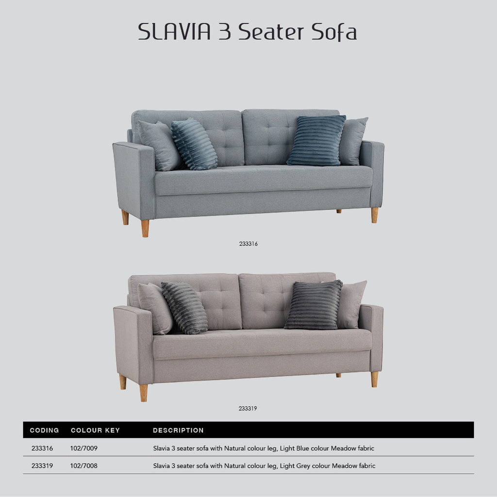 Slavia 3 seater sofa with Natural colour leg, Light Blue colour Meadow fabric.