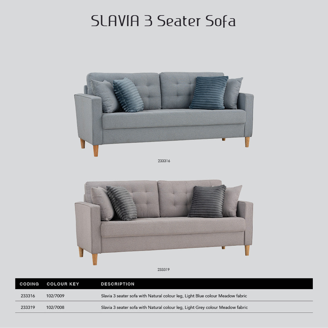 Slavia 3 seater sofa with Natural colour leg, Light Blue colour Meadow fabric.