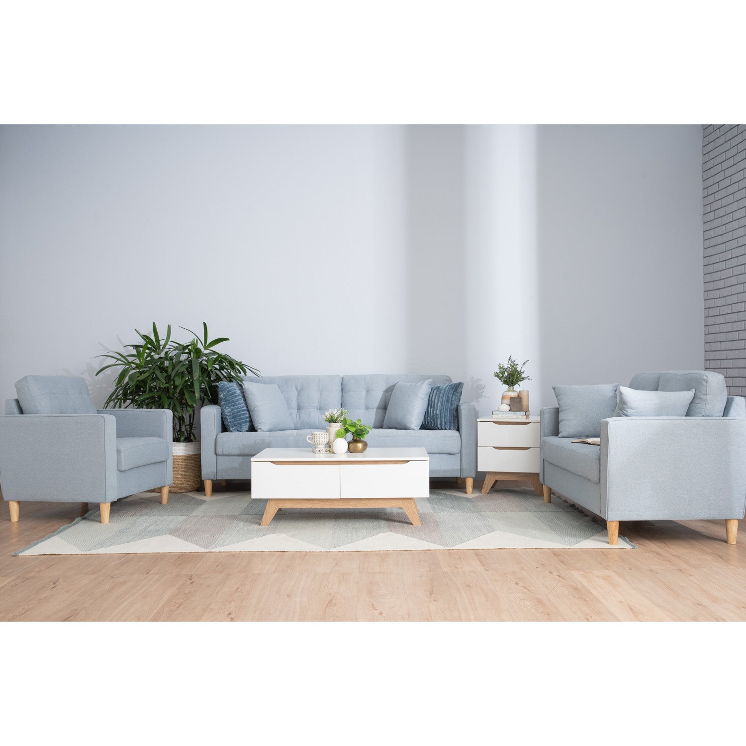 Slavia 2 seater sofa with Natural colour leg, Light Blue colour Meadow fabric