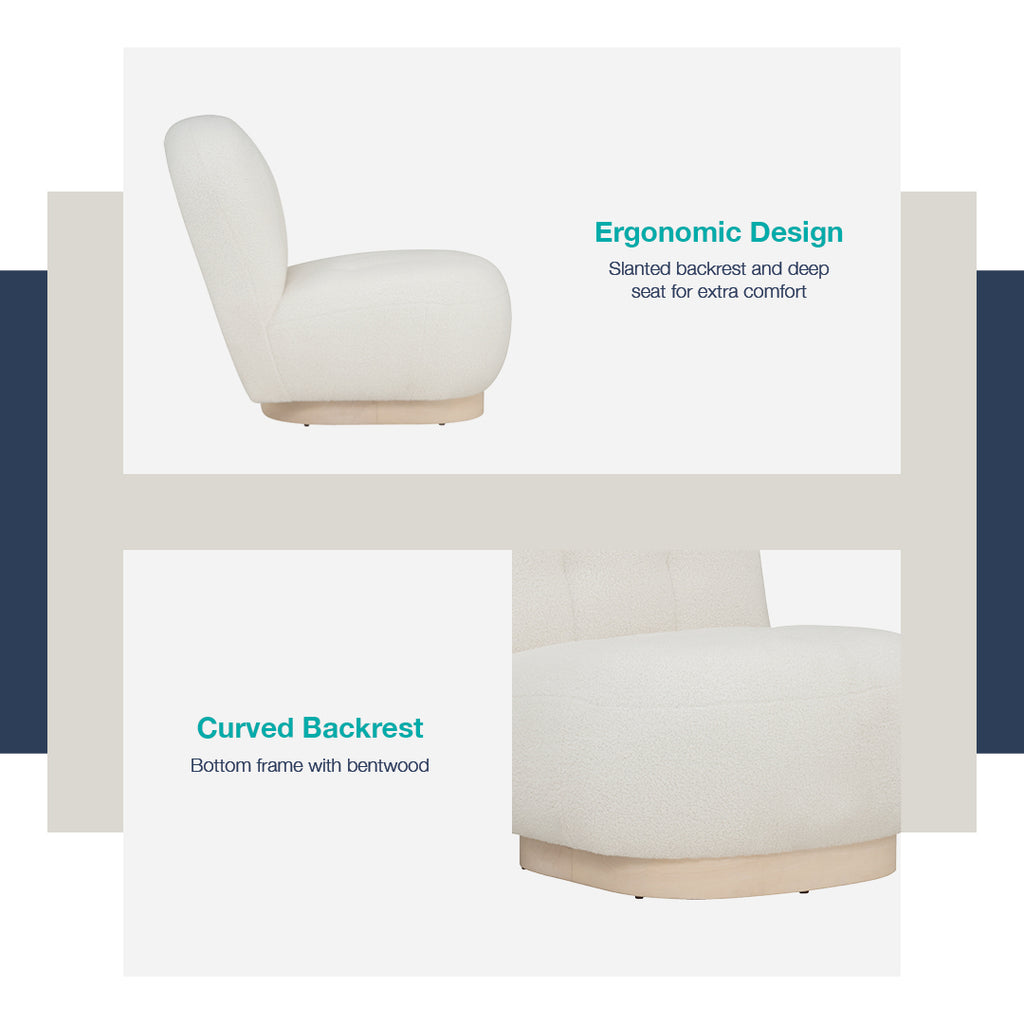 Helia lounge chair with White Wash colour leg, Cream White colour Teddy fabric.