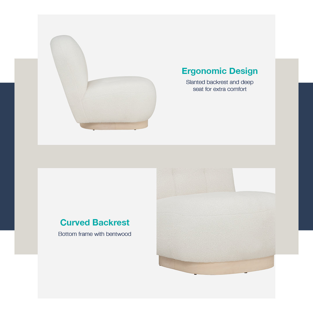 Helia lounge chair with White Wash colour leg, Cream White colour Teddy fabric.