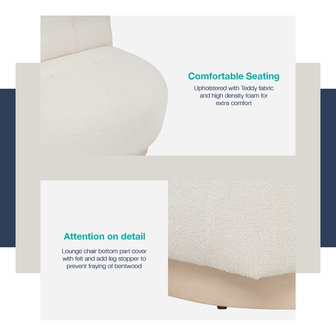 Helia lounge chair with White Wash colour leg, Cream White colour Teddy fabric.