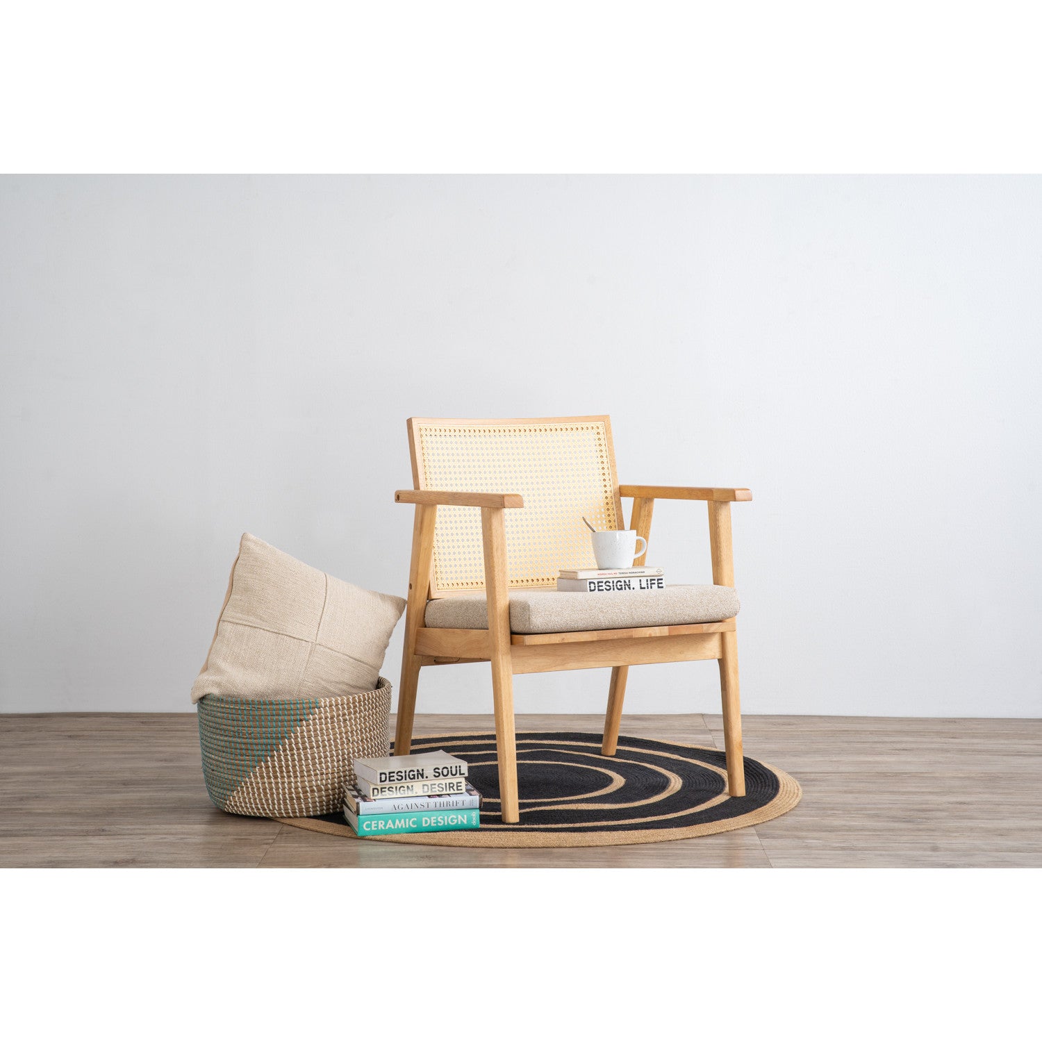 (2Set) Keko lounge chair with Natural colour frame, Beige colour Lake fabric seat