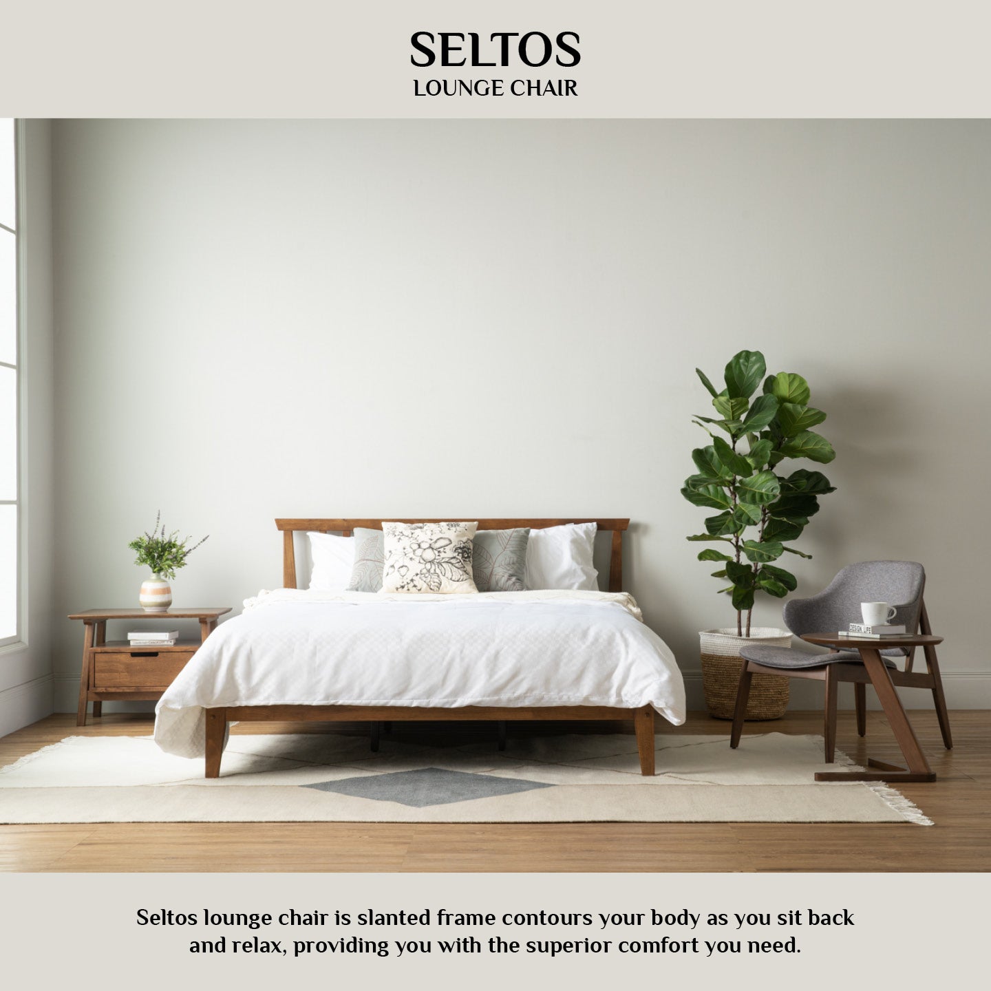 Seltos lounge chair with Cocoa colour frame, Oyster Bay colour Chevron fabric.