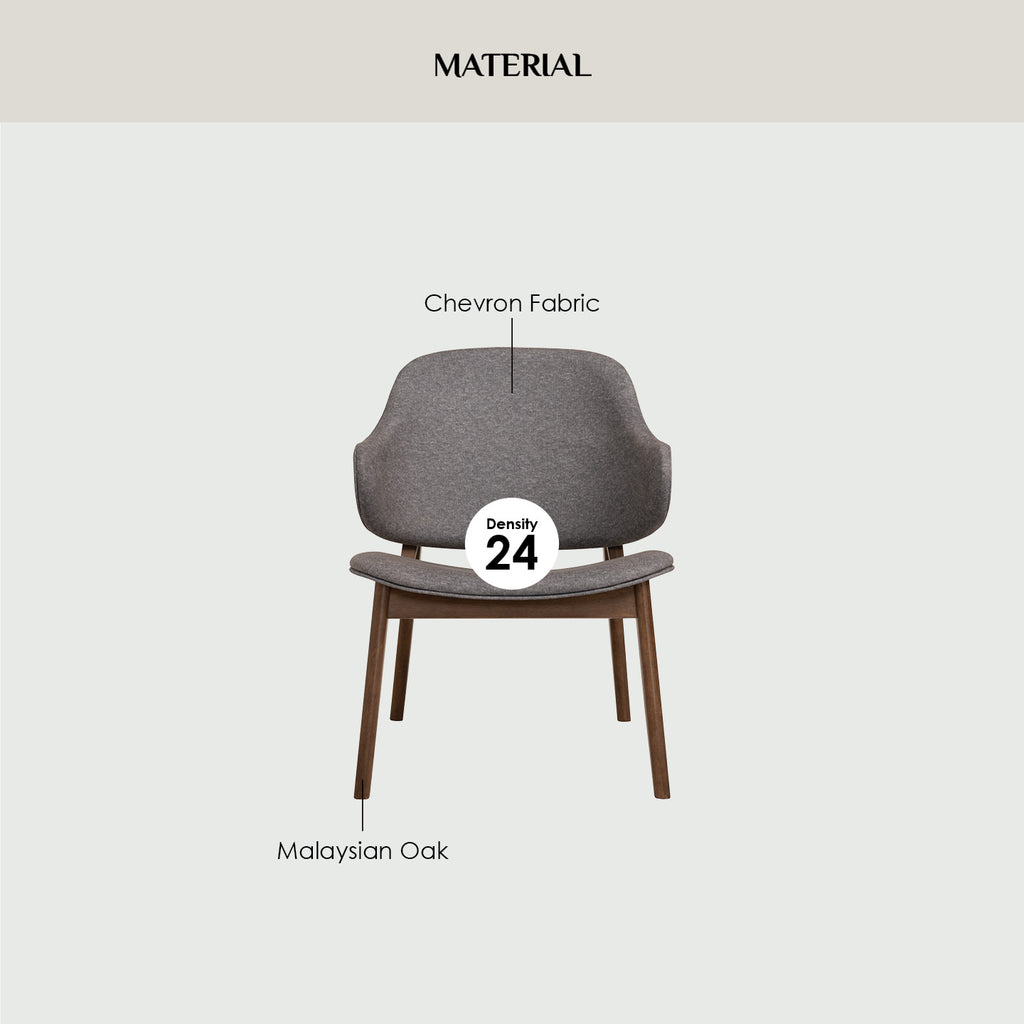 Seltos lounge chair with Cocoa colour frame, Oyster Bay colour Chevron fabric.