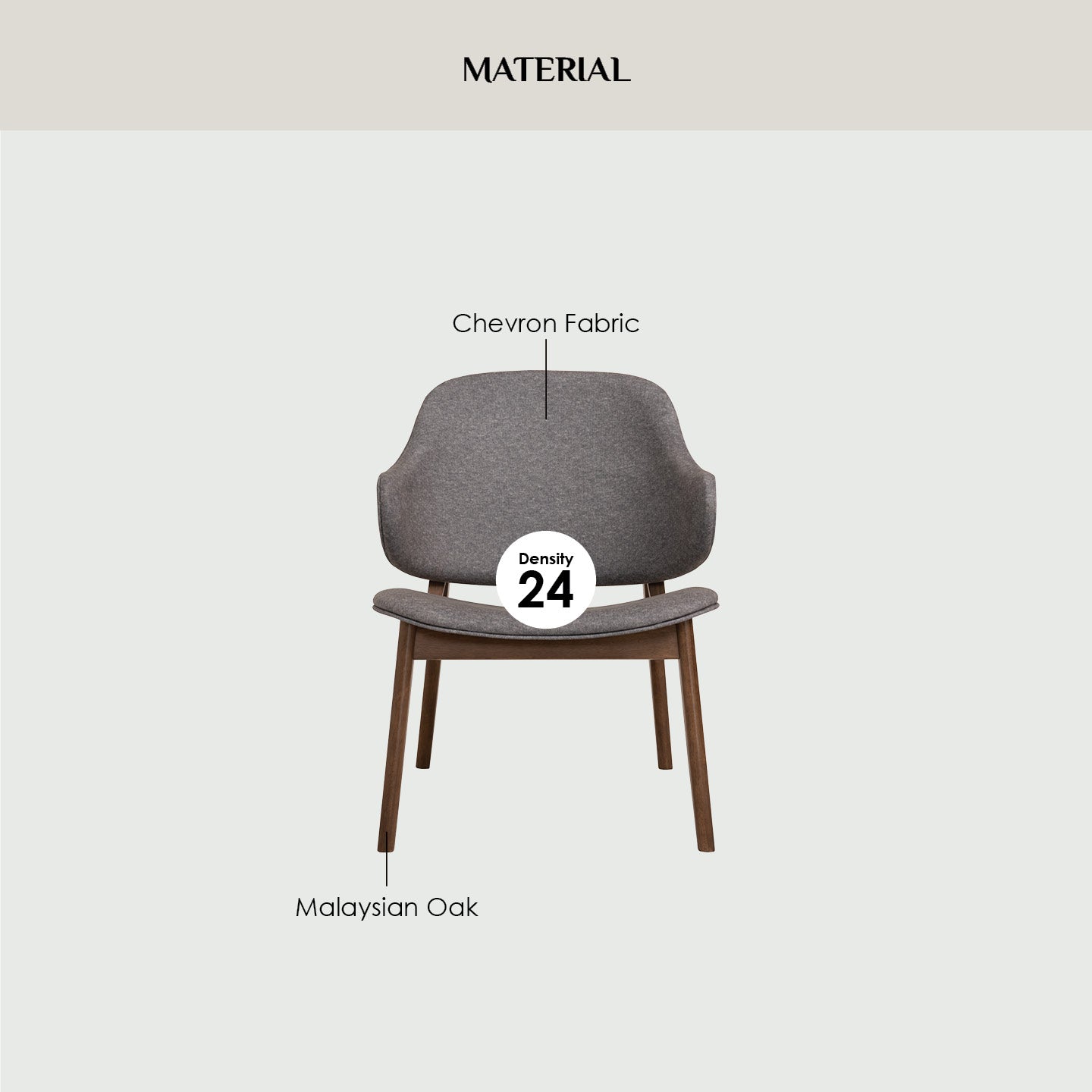 Seltos lounge chair with Cocoa colour frame, Oyster Bay colour Chevron fabric.