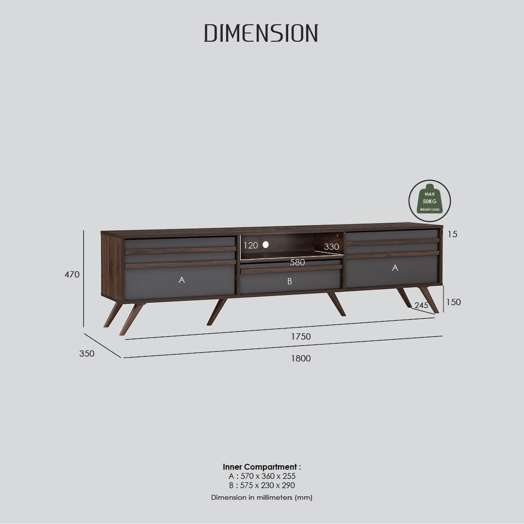 Blackburn 1.8m tv cabinet in Columbia colour, Dark Grey colour drawer
