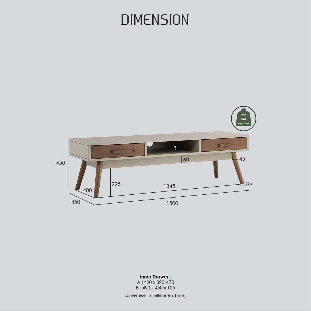 Bailey 1.5m tv cabinet in Cocoa colour leg, Taupe Grey colour top