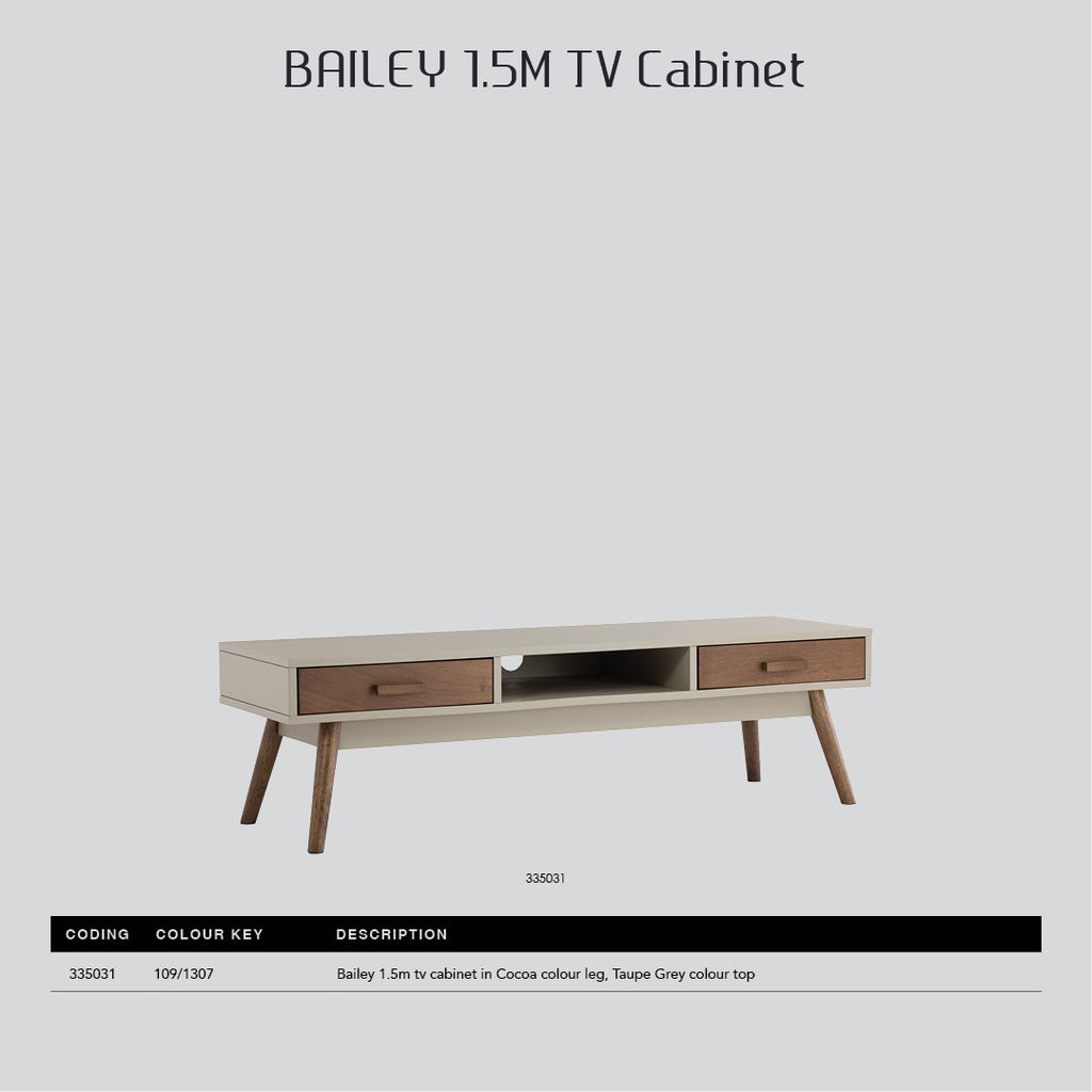 Bailey 1.5m tv cabinet in Cocoa colour leg, Taupe Grey colour top