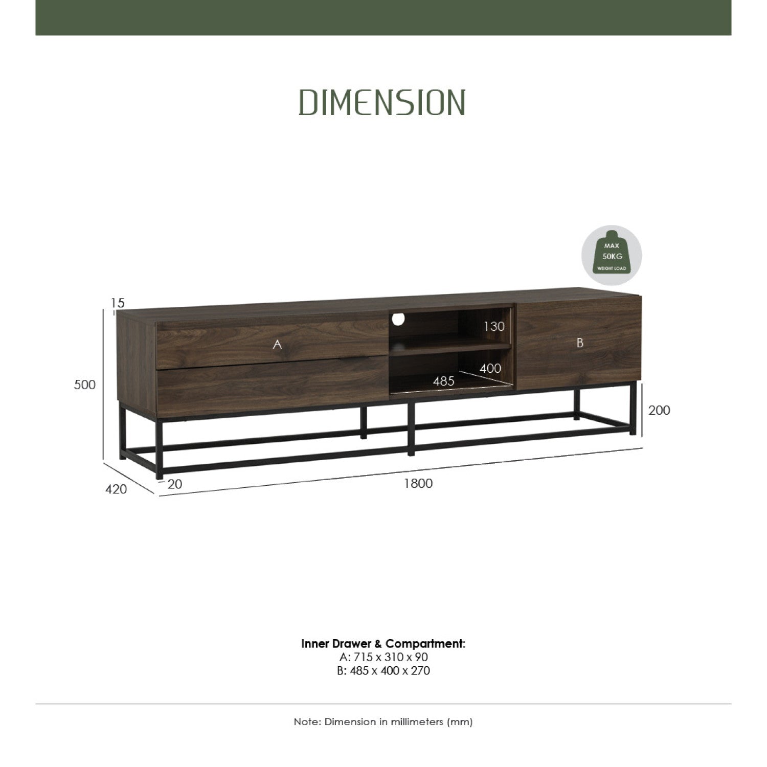 Capri 1.8m tv cabinet in Matt Black Epoxy colour leg, Walnut colour top