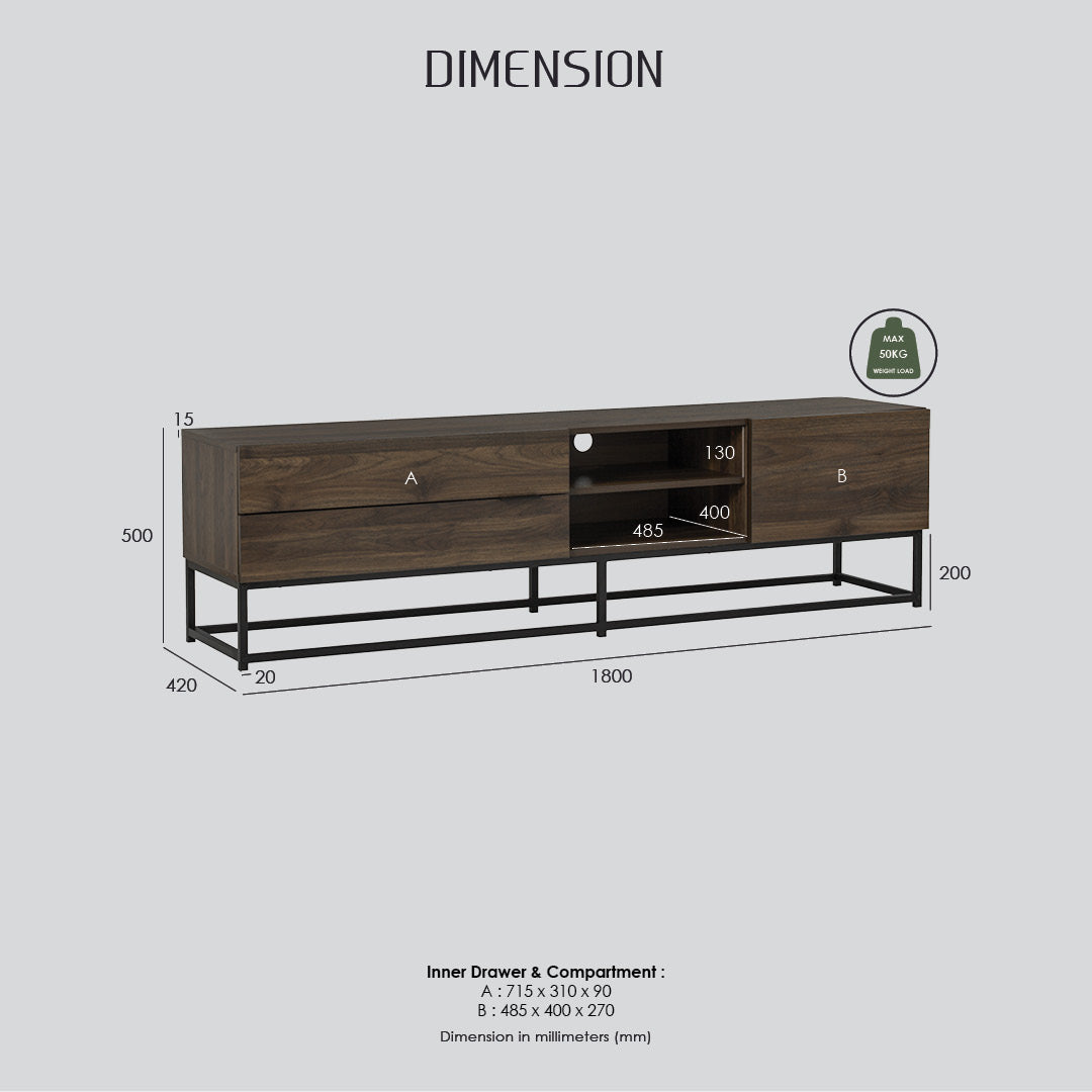 Capri 1.8m tv cabinet in Matt Black Epoxy colour leg, Walnut colour top