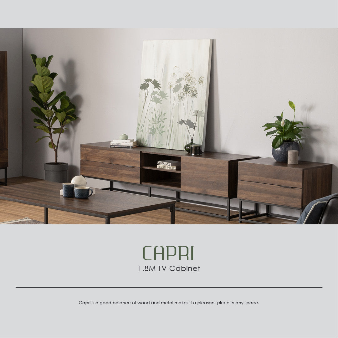 Capri 1.8m tv cabinet in Matt Black Epoxy colour leg, Walnut colour top