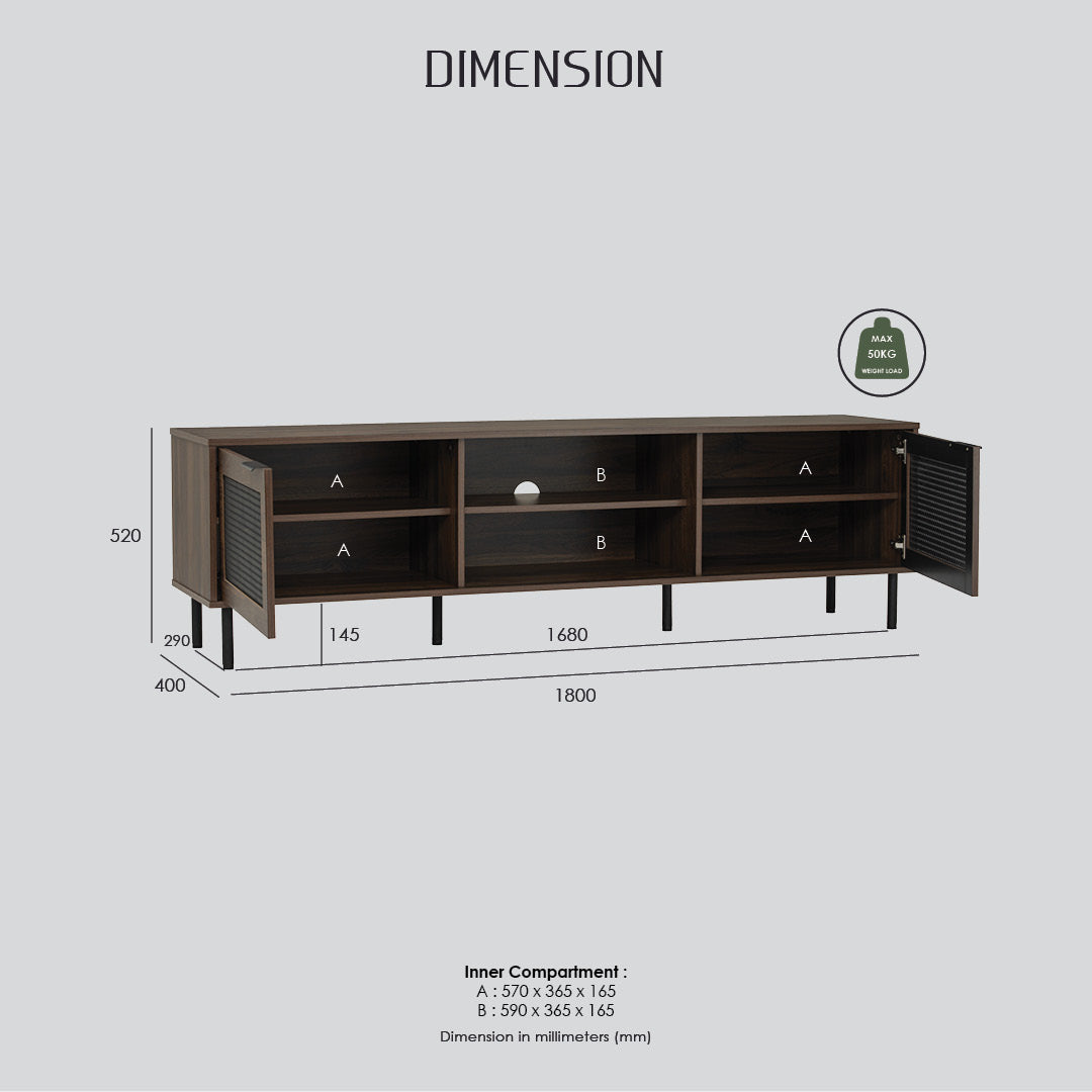 Dallas 1.8m TV cabinet in Matt Black Epoxy leg, Wotan Oak colour body