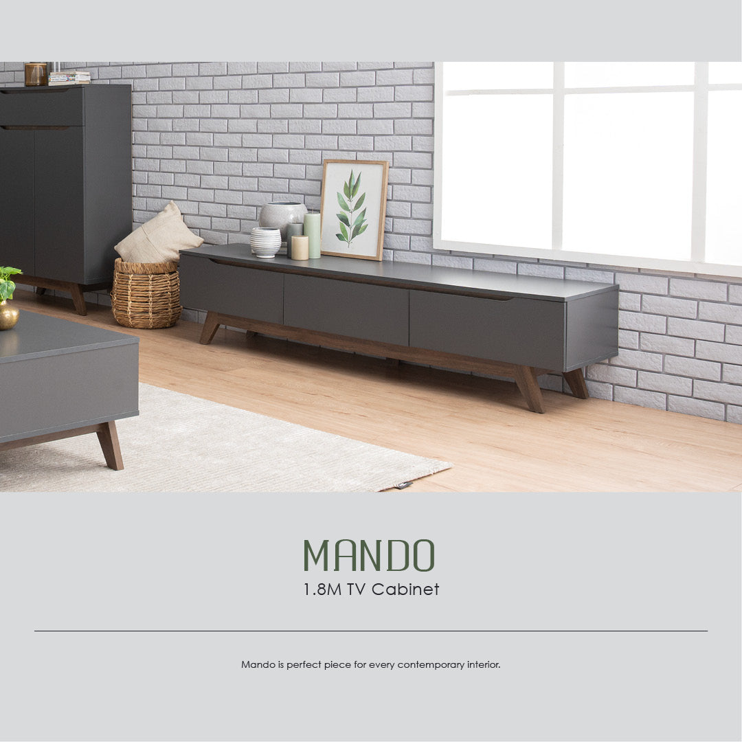 Mando 1.8m tv cabinet in Walnut colour leg, Black colour top.