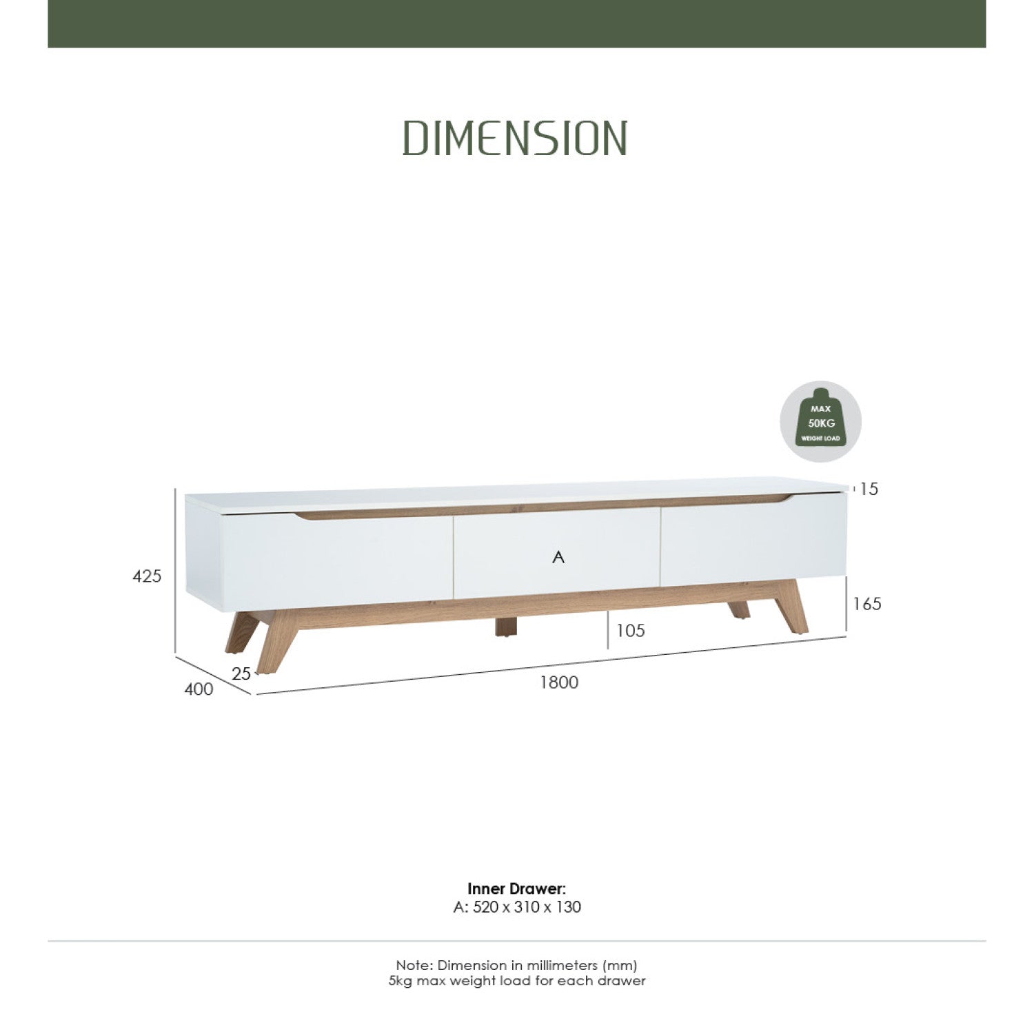 Mando 1.8m tv cabinet in Oak colour leg, White colour top (MB paper).