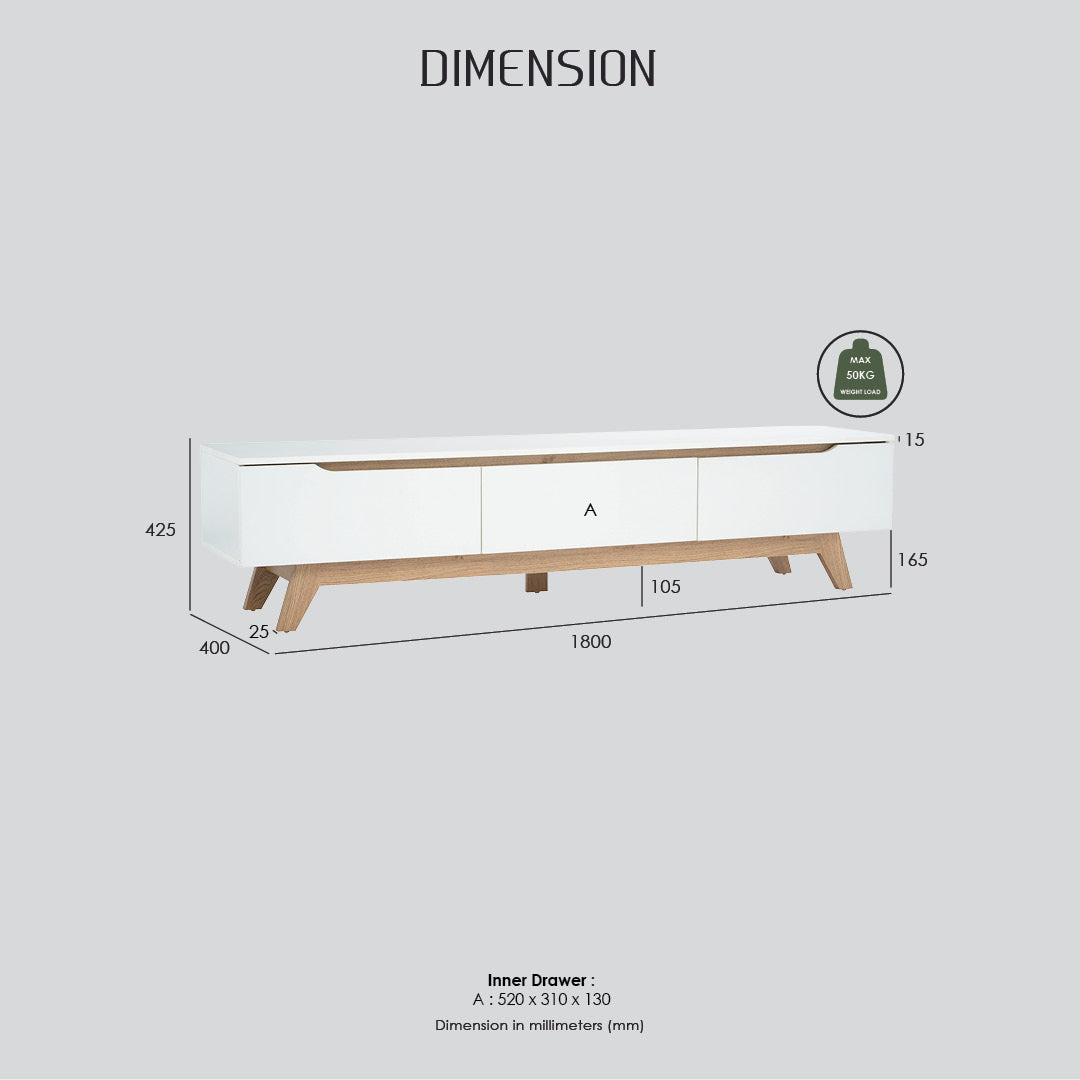 Mando 1.8m tv cabinet in Oak colour leg, White colour top (MB paper).