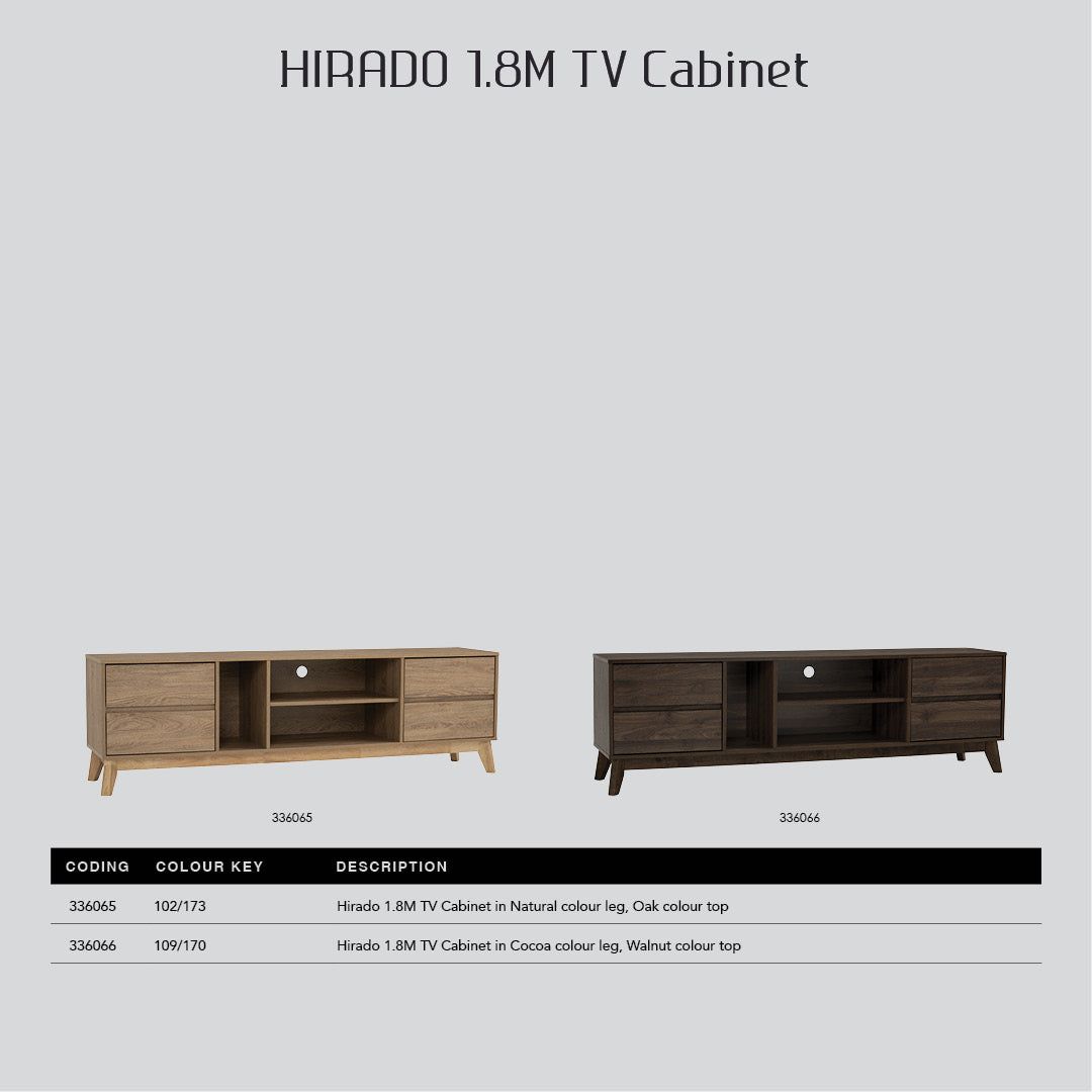 Hirado 1.8m tv cabinet in Cocoa colour leg, Walnut colour top