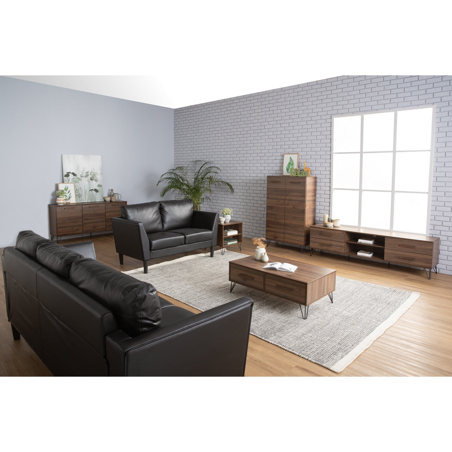 Samos 1.8m tv cabinet in Matt Black Epoxy colour leg, Walnut colour top.