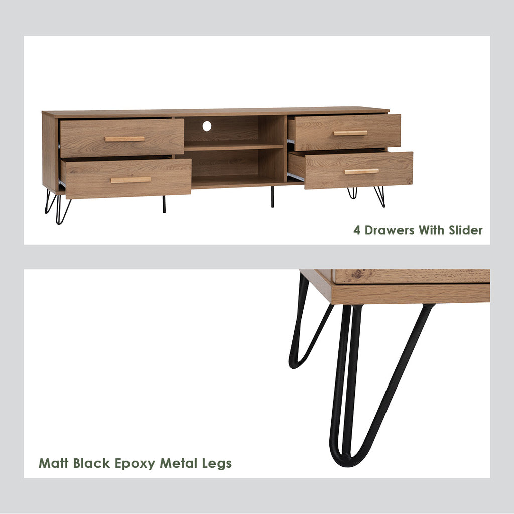 Samos 1.8m tv cabinet in Matt Black Epoxy colour leg, Walnut colour top.