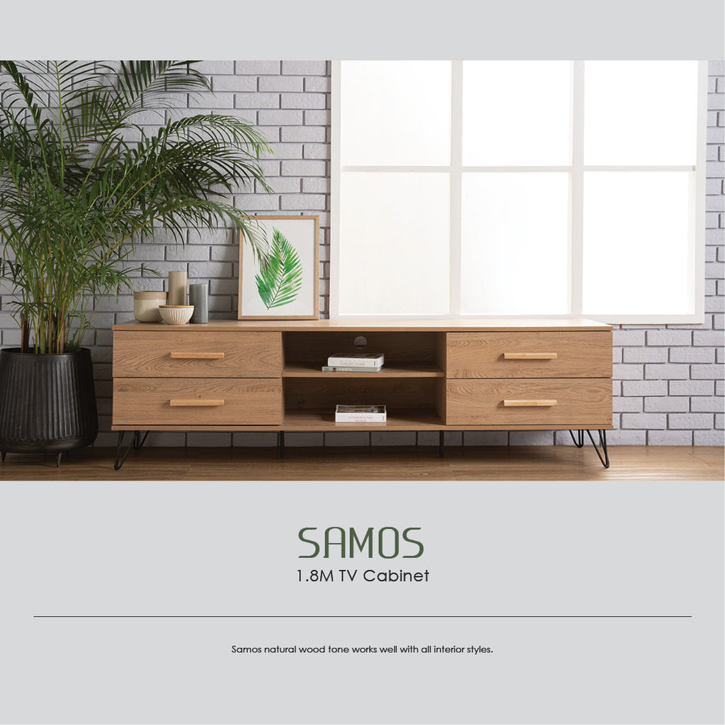 Samos 1.8m tv cabinet in Matt Black Epoxy colour leg, Walnut colour top.